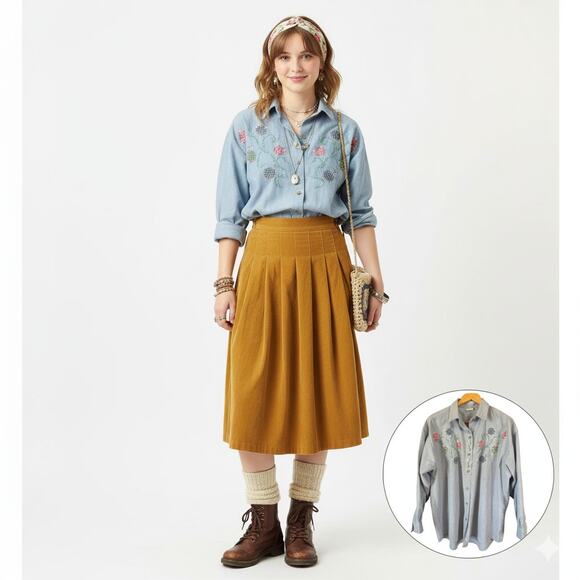 Vintage 80s Button Up Top Sz 20W Chambray Denim Embroidery Grannny Cottage Chic - Picture 1 of 6